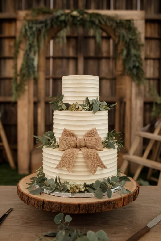 Rustic Buttercream Wedding Cake with Burlap Bow