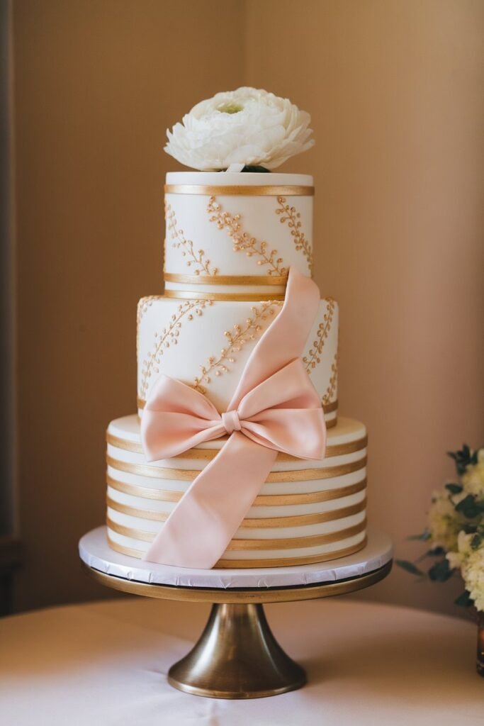 Gold and White Wedding Cake with Pink Satin Bow