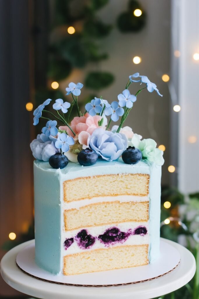 Light Blue Wedding Cake with Fresh Blueberries