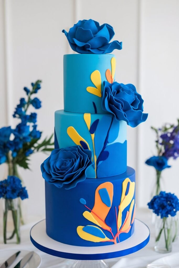 Vibrant Blue Wedding Cake with Bold Floral Accents