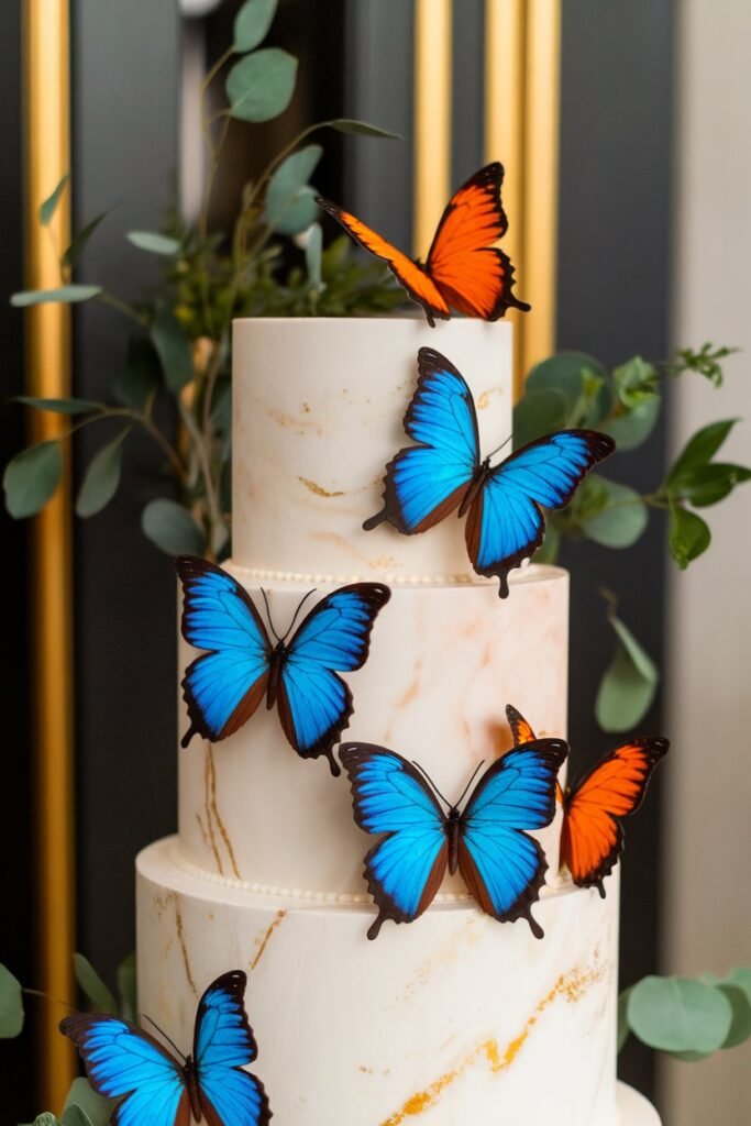 2. Elegant Wedding Cake with Vibrant Butterflies