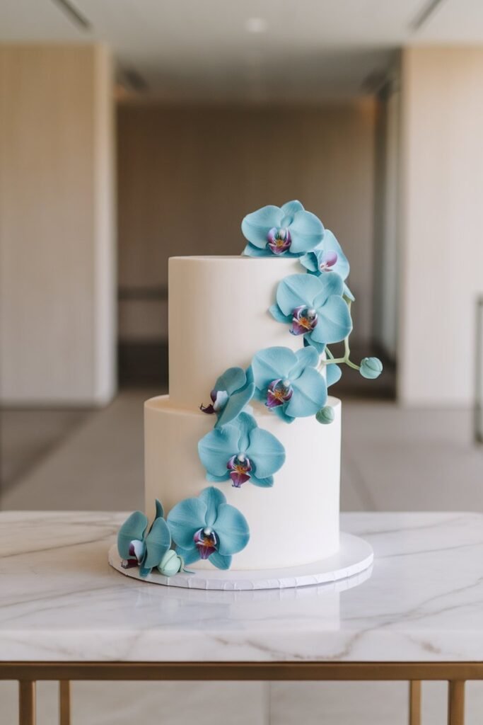 Elegant White Wedding Cake with Blue Orchids