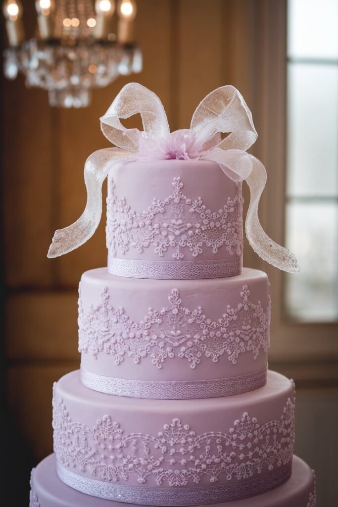 Delicate Lavender Wedding Cake with Lace and Sheer Bow