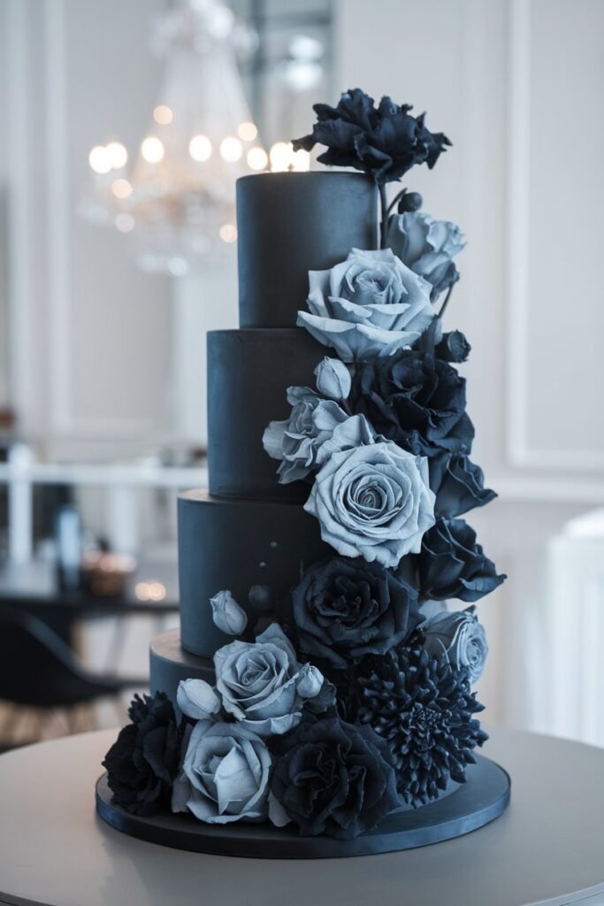 Dramatic Black Wedding Cake with Monochrome Flowers