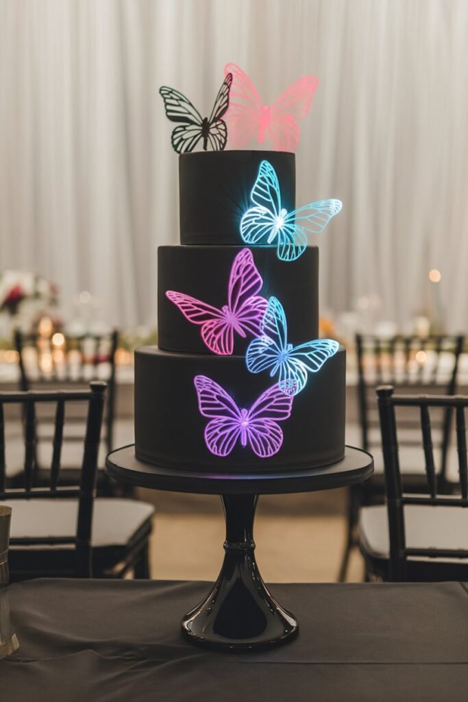 Modern Wedding Cake with Neon Butterflies