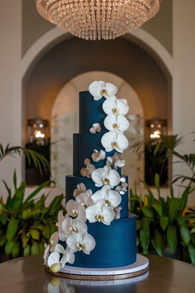 Bold Navy Cake with White Orchids