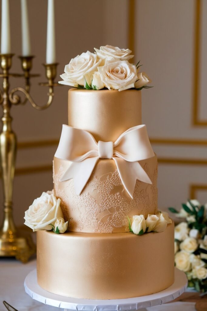 Luxurious Gold Wedding Cake with Ivory Bow and Roses