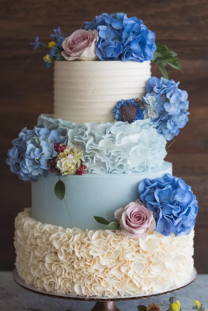 Romantic Wedding Cake with Blue Hydrangeas