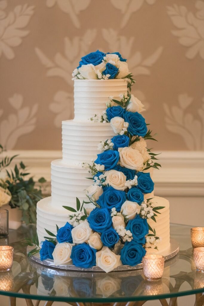 Classic White Wedding Cake with Blue and Ivory Roses