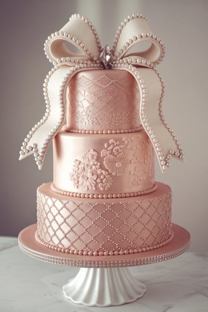 Blush Pink Wedding Cake with Pearl Bow and Lace Details