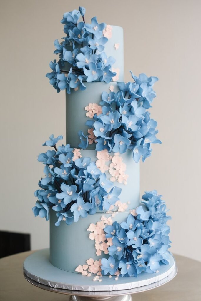 Delicate Blue Wedding Cake with Floral Cascades