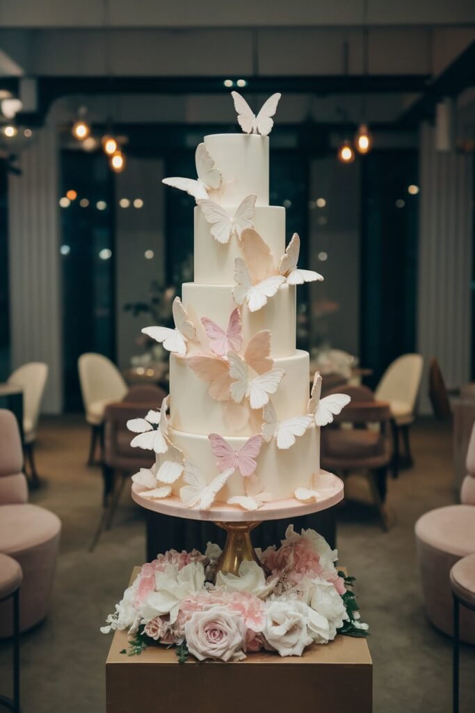 Graceful White Wedding Cake with Soft Butterflies