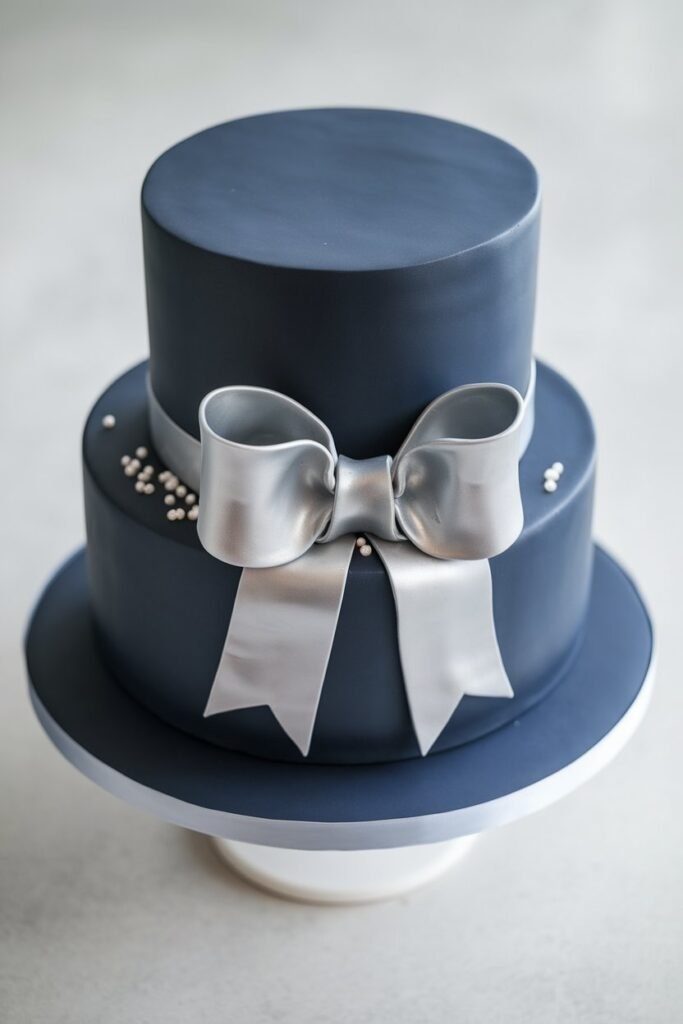 Navy Blue Wedding Cake with Silver Bow