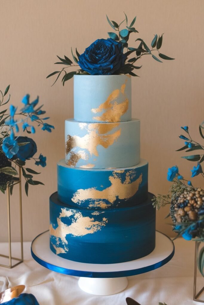 Striking Wedding Cake with Gold and Blue Accents